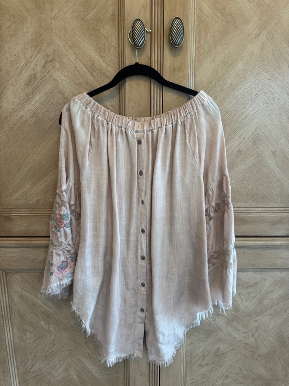 Light Blush Off-the-Shoulder Boho Top with Embroidered Sleeves - Picture 4 of 5